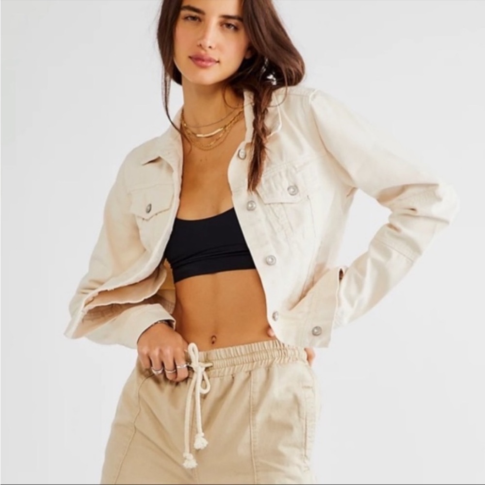 Free People Kiel Wash Off White Denim Jacket Pockets Front Zip Sz S